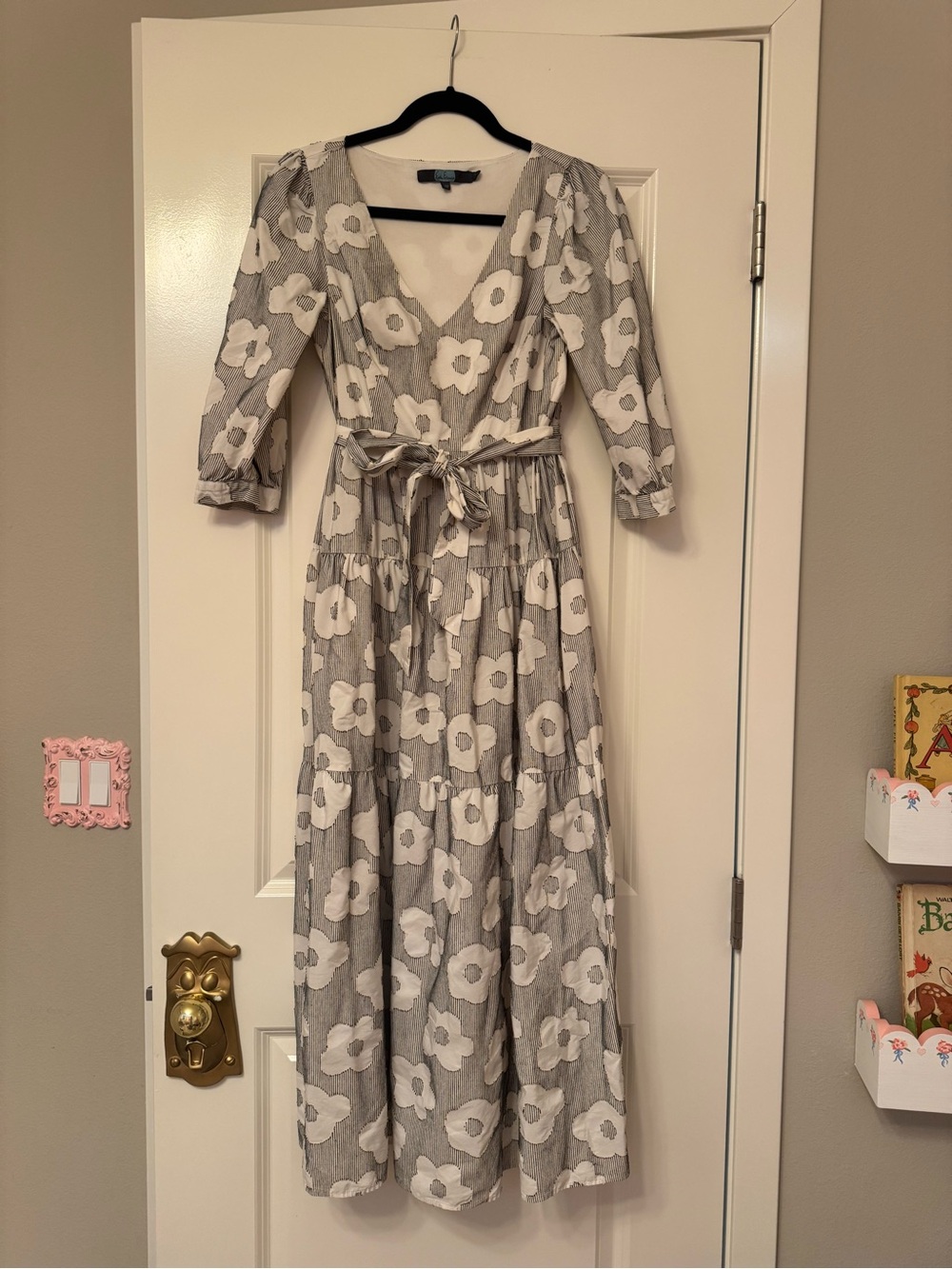 Anthropologie Floral V-Neck Tiered Maxi Dress in Gray and White